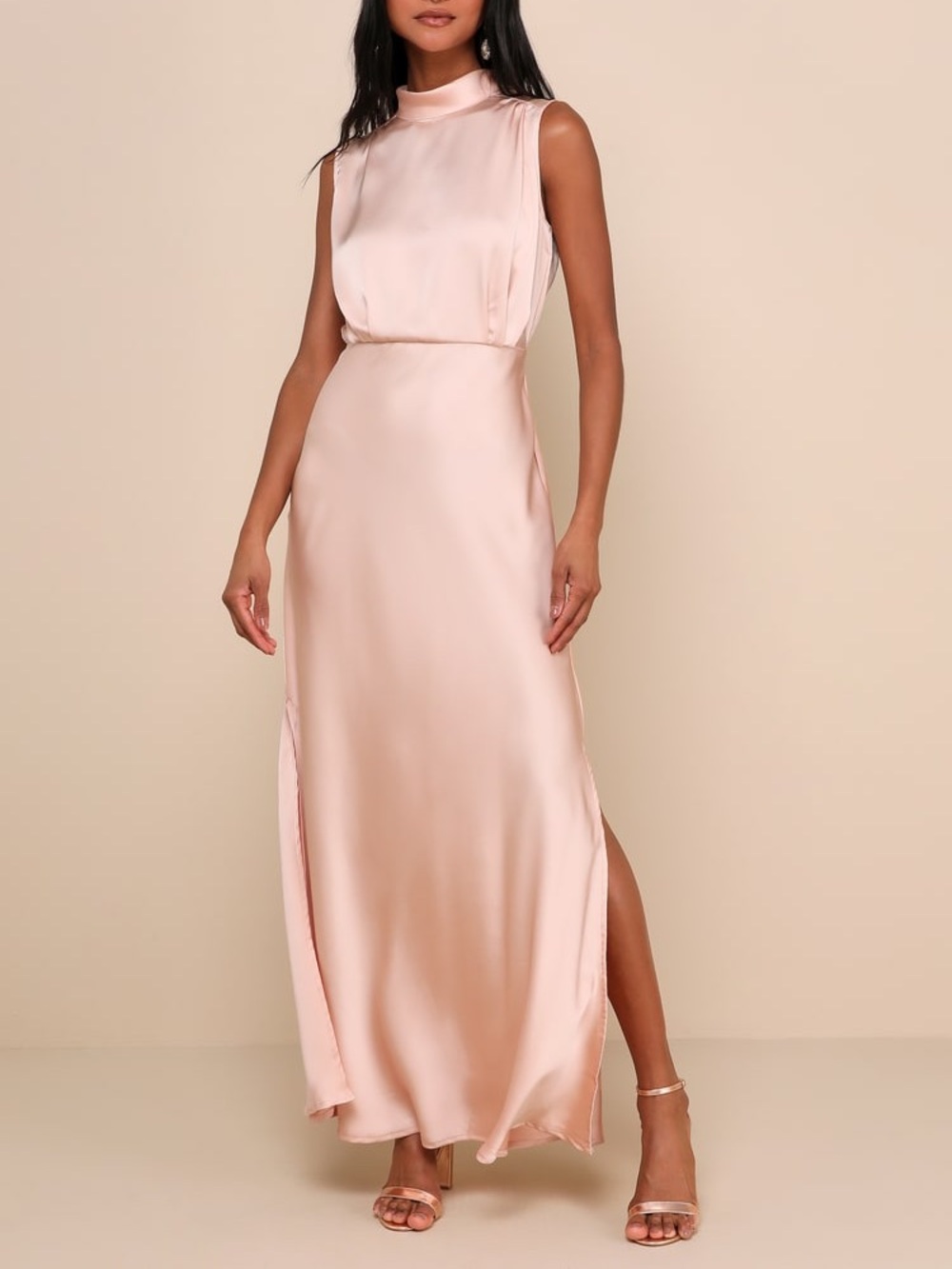Lulus Classic Elegance Blush Satin Sleeveless Mock Neck Maxi Dress Sz L